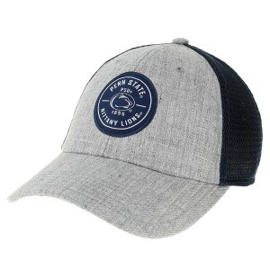 heather gray and navy trucker hat with stitched Penn State Nittany Lions patch